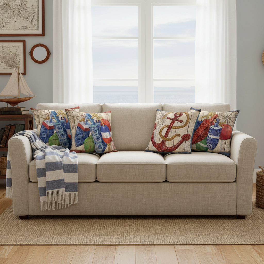 Beige sofa with colorful, nautical themed cushion covers in a living room setting