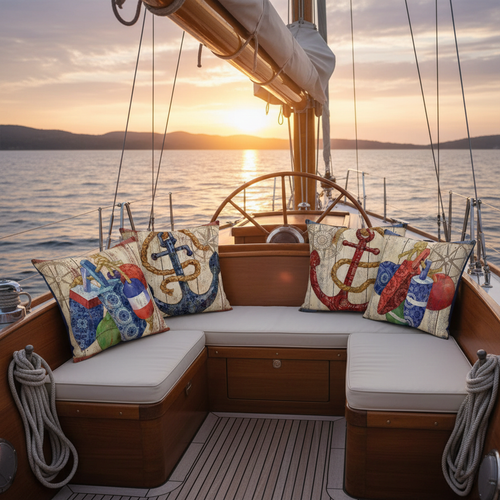 Sailboat interior with decorative pillows featuring anchors and nautical symbols during sunset.
