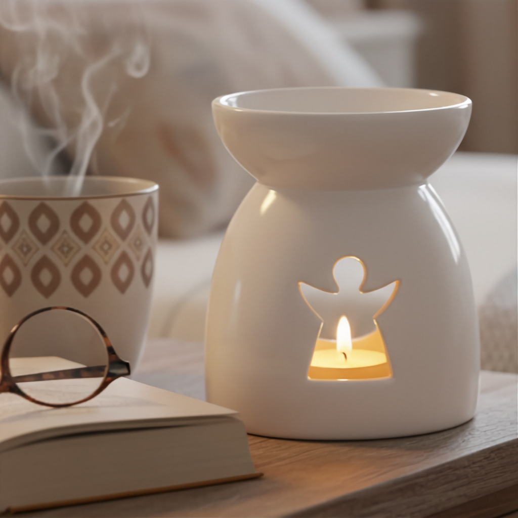 White ceramic angel oil burner with angel cutout on a table with a cup, book, and glasses.