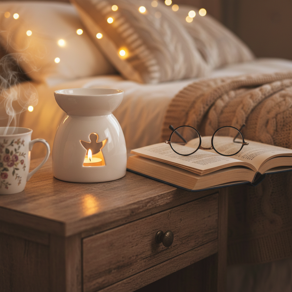 Cosy bedroom scene with a lit angel oil burner, book, and mug on a wooden nightstand.