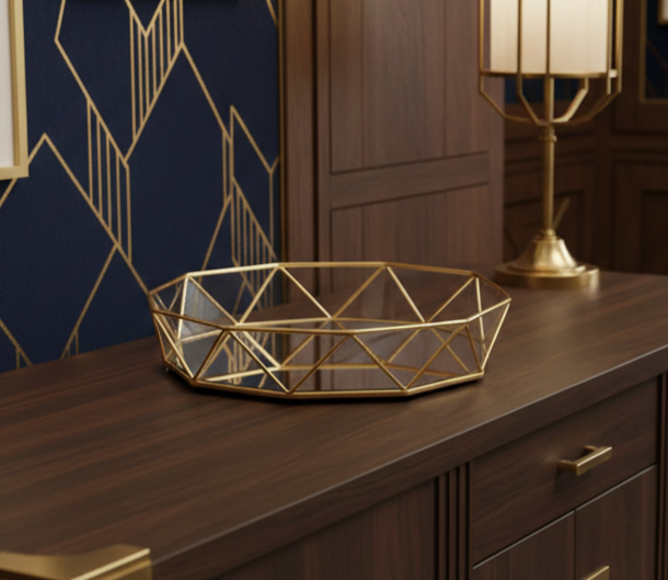 Gold geometric bowl on a wooden surface with a decorative wall in the background