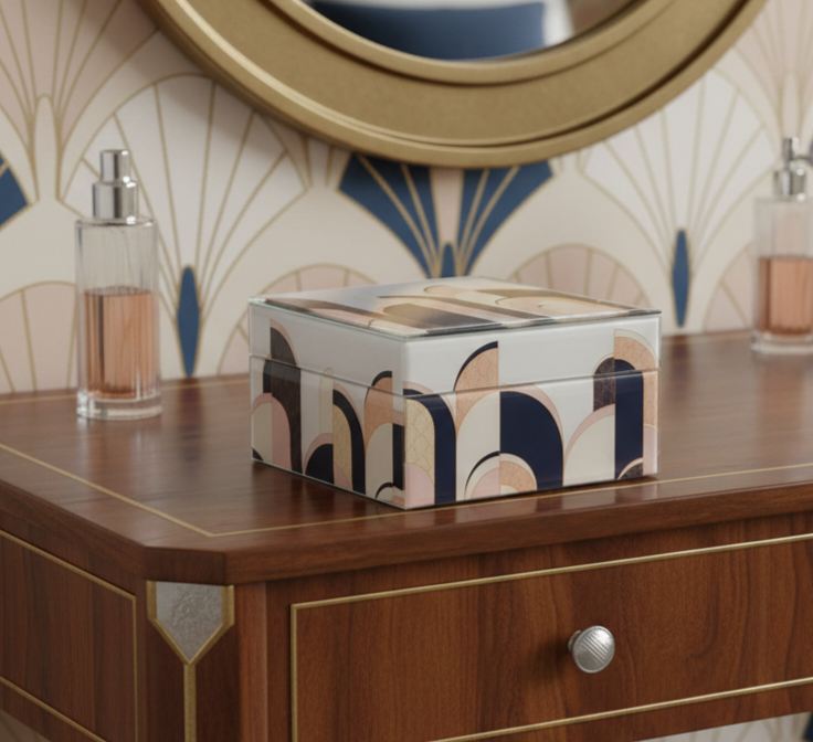 Decorative art deco style jewellery box with geometric pattern on a wooden dresser with art deco-style wall.