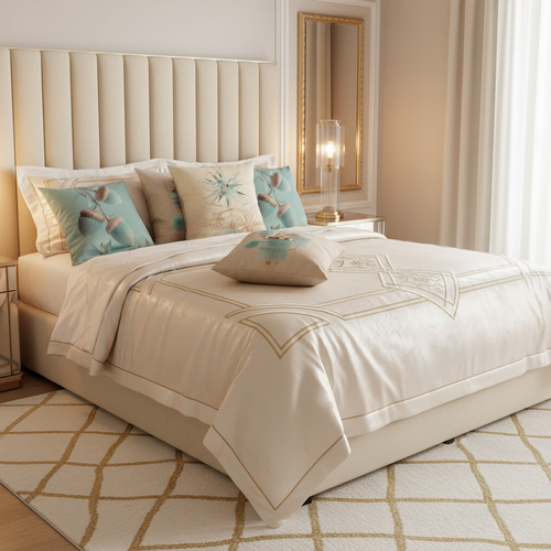 Neatly made bed with decorative art deco themed blue and cream cushions in a bedroom setting.