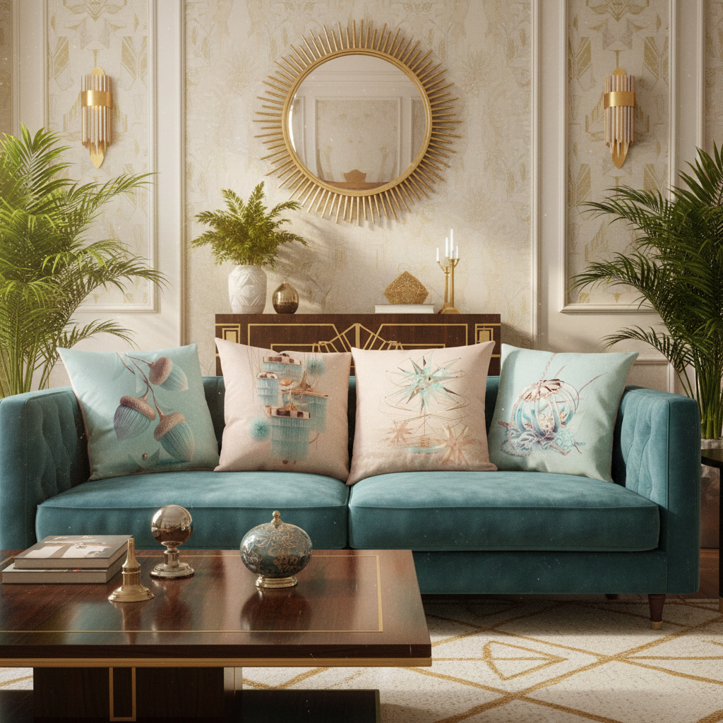 Luxurious art deco themed living room with a teal sofa, decorative art deco cushions, and a gold mirror.