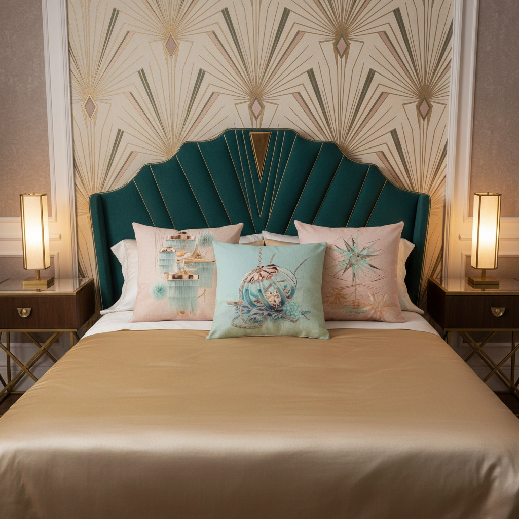 Art Deco hemed bedroom with a decorative headboard, cushions, and lamps.