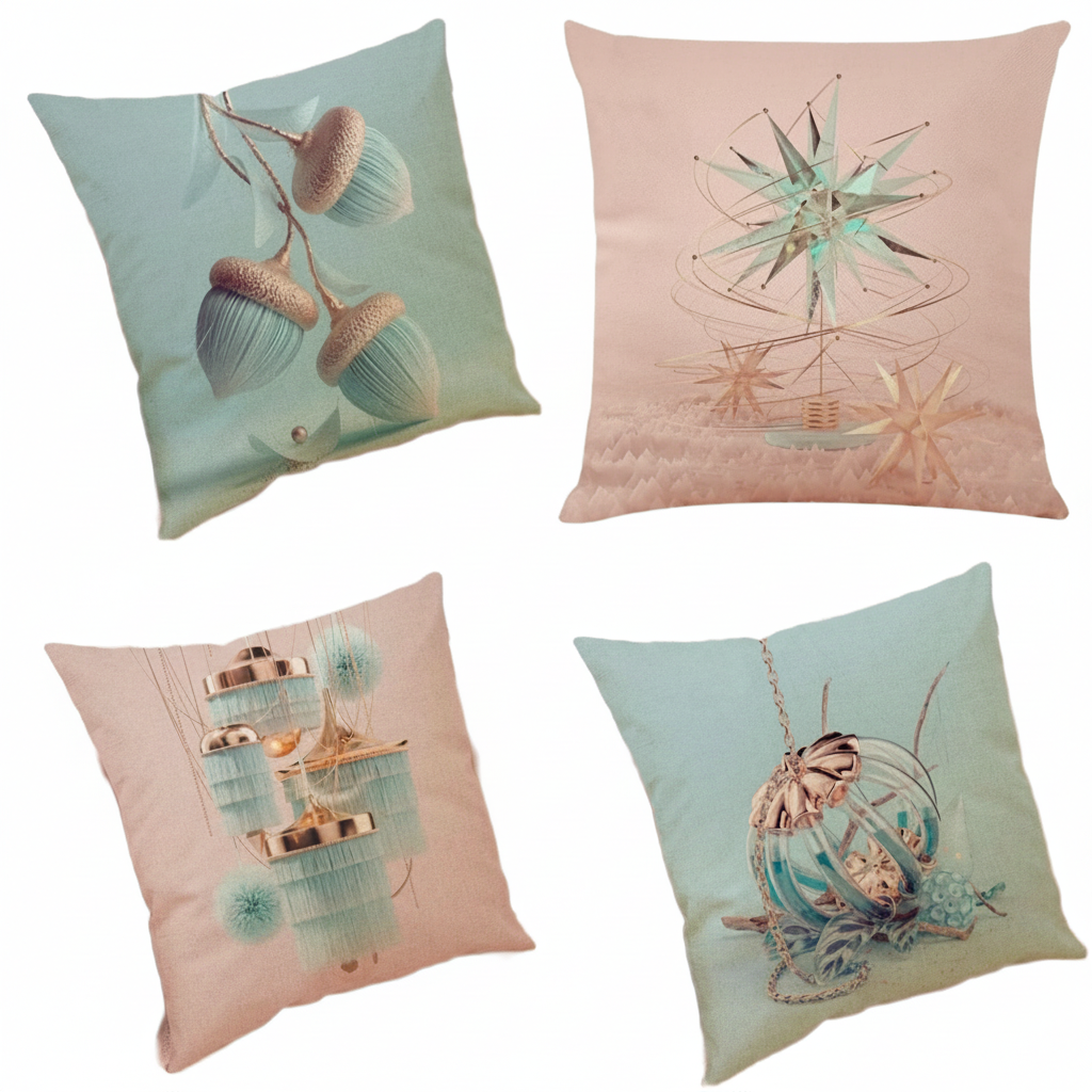 Four decorative art deco style cushion covers with unique designs on a white background