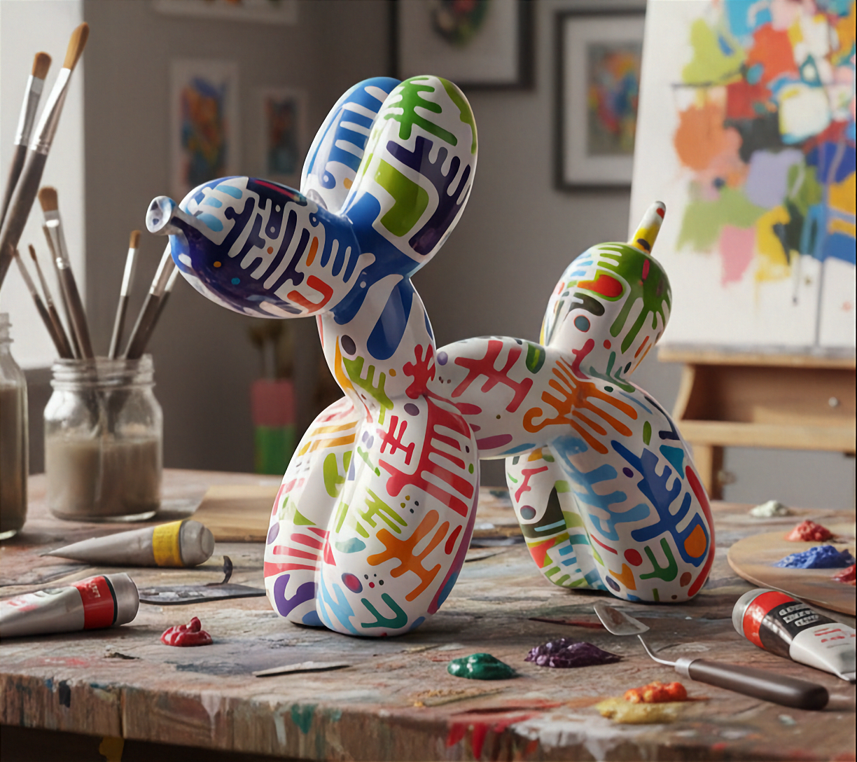 Colorful balloon dog sculpture on a table with art supplies in a studio setting