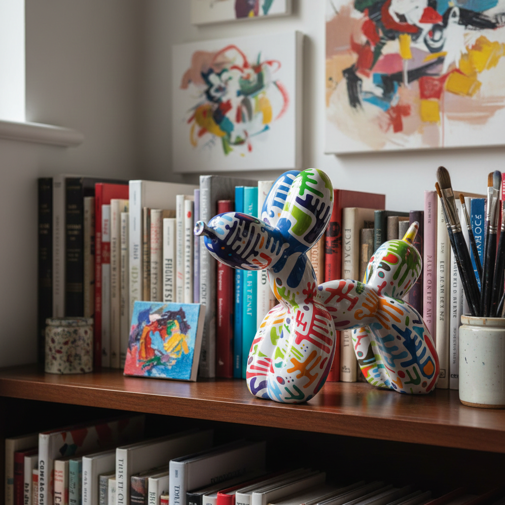 Colorful balloon dog sculpture on a bookshelf with books and art in the background