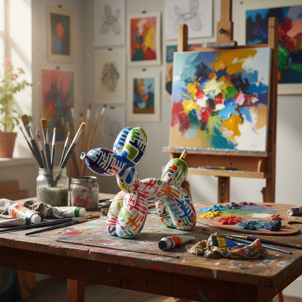 Colorful art supplies on a table with balloon dog and a background of paintings and art materials.