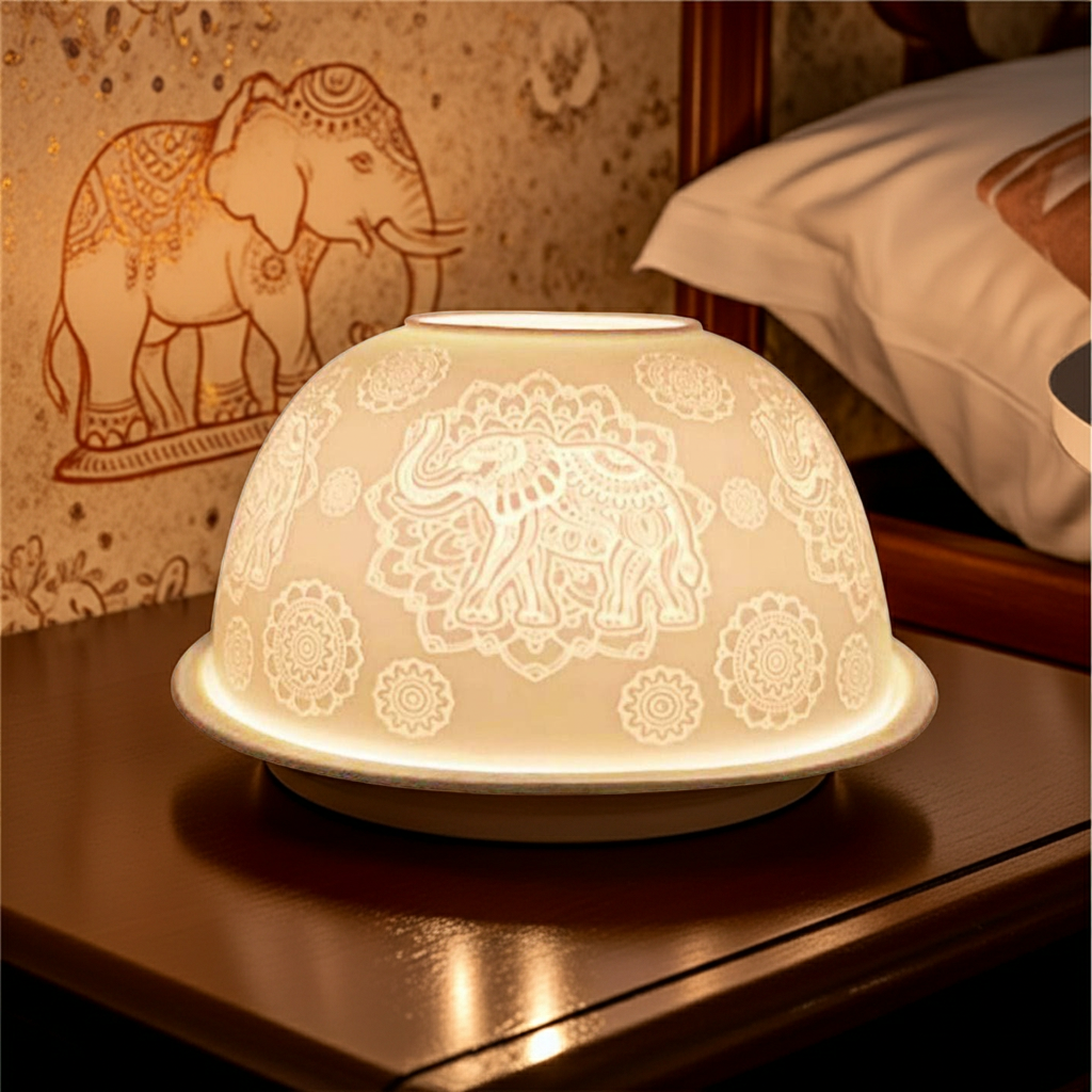 Decorative asian elephant tea light holder with elephant design on a bedside table.