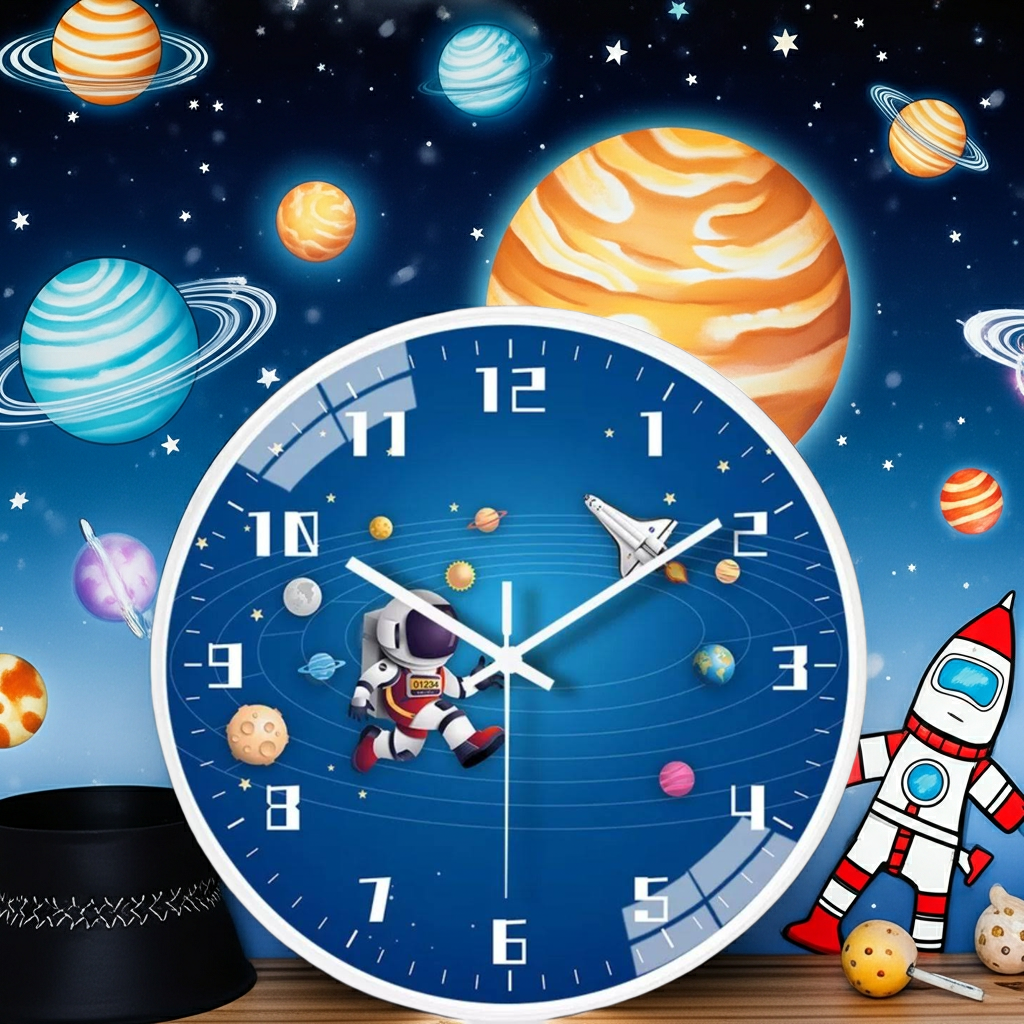 Wall clock with space theme featuring planets, astronauts, and a rocket ship.