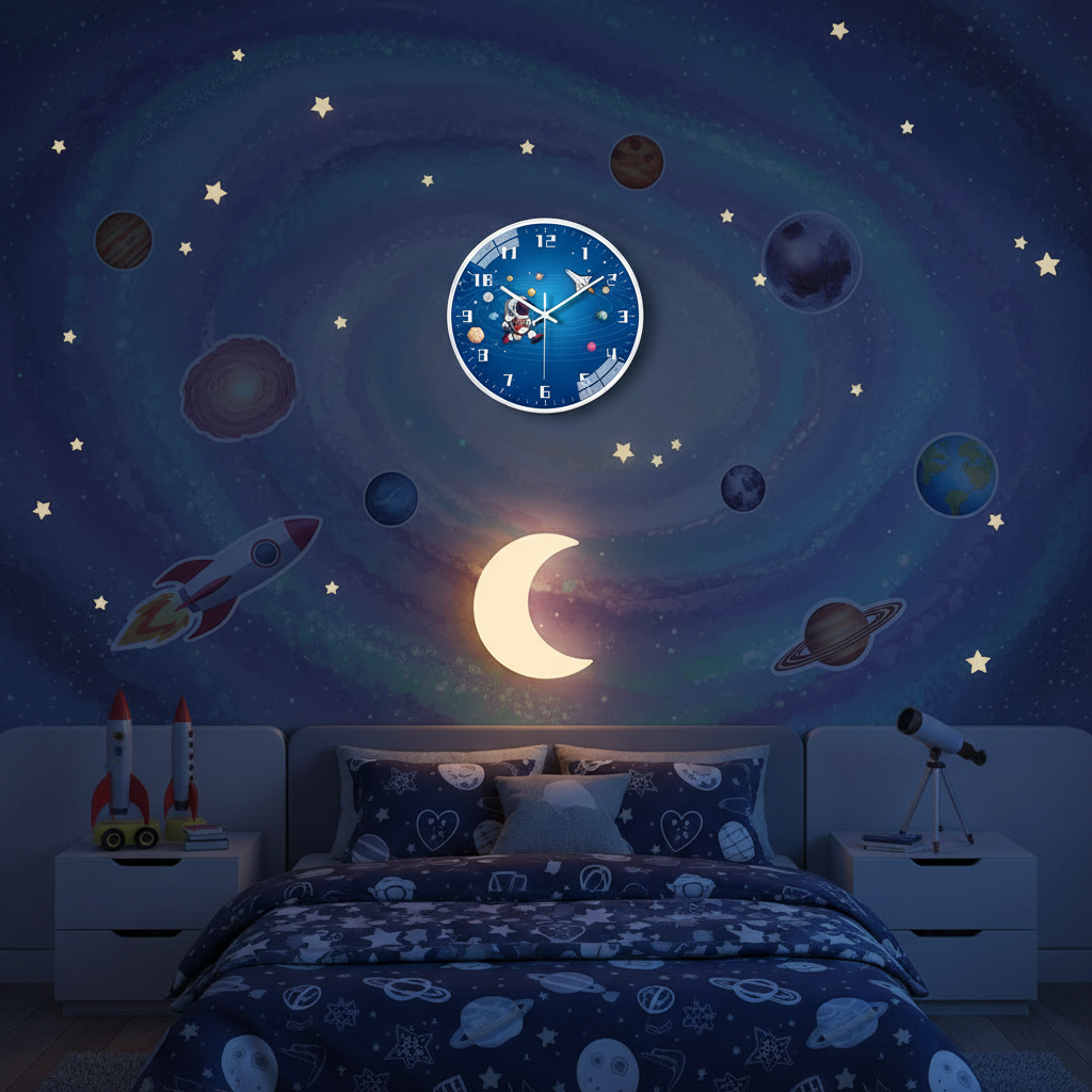 Children's bedroom with space-themed decor, including a clock with astronaut and solar system design.