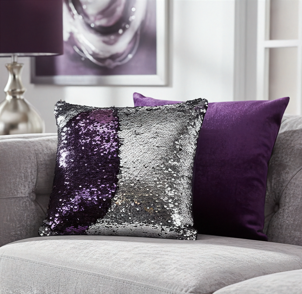 Purple and silver sequin pillow on a gray sofa with a blurred abstract painting in the background.