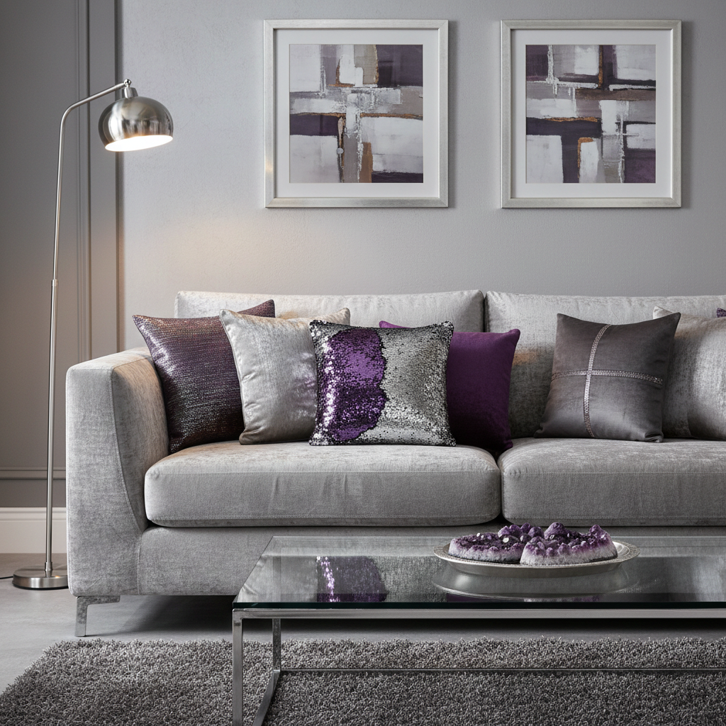 Gray sofa with decorative aubergine and silver sequin cushions in a living room setting