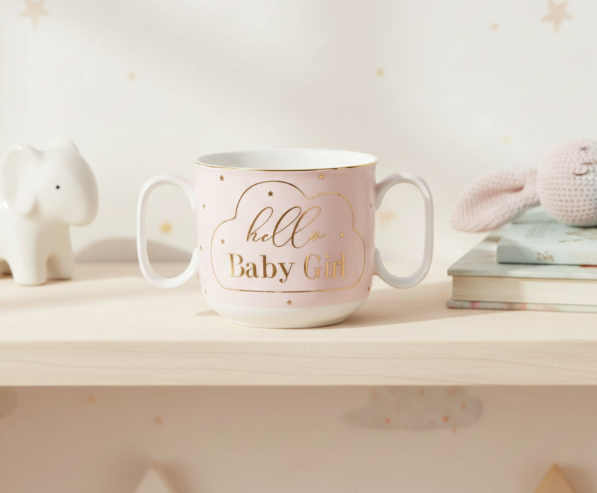 Pink mug with 'hello Baby Girl' text on a shelf with decorative items