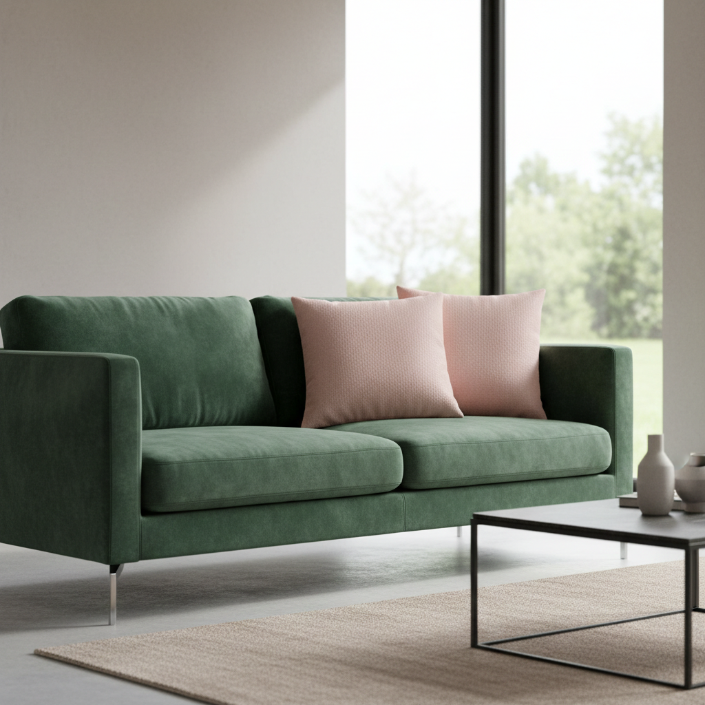 Green sofa with pink cushions in a modern living room