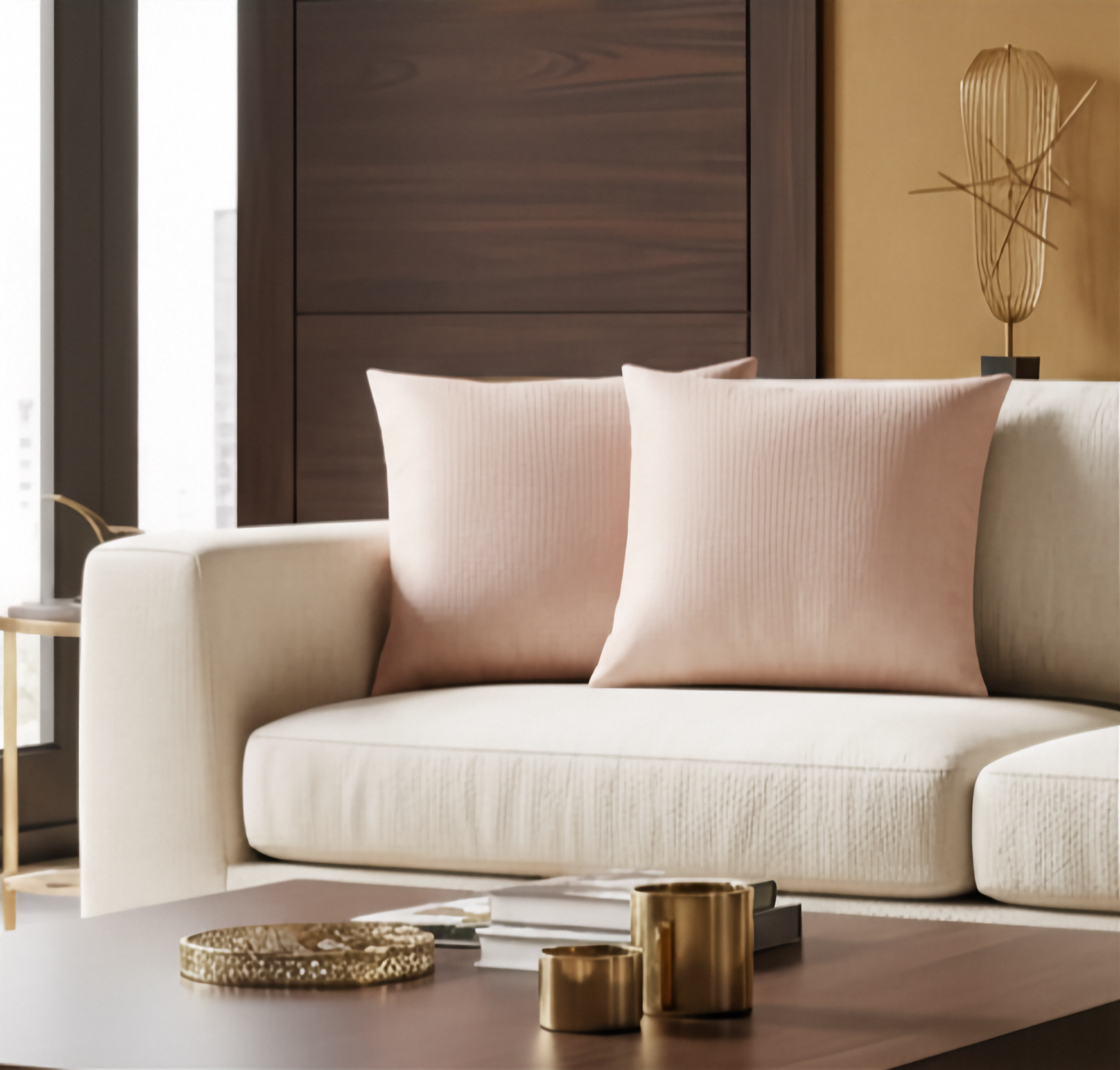 Beige sofa with pink cushions in a modern living room setting