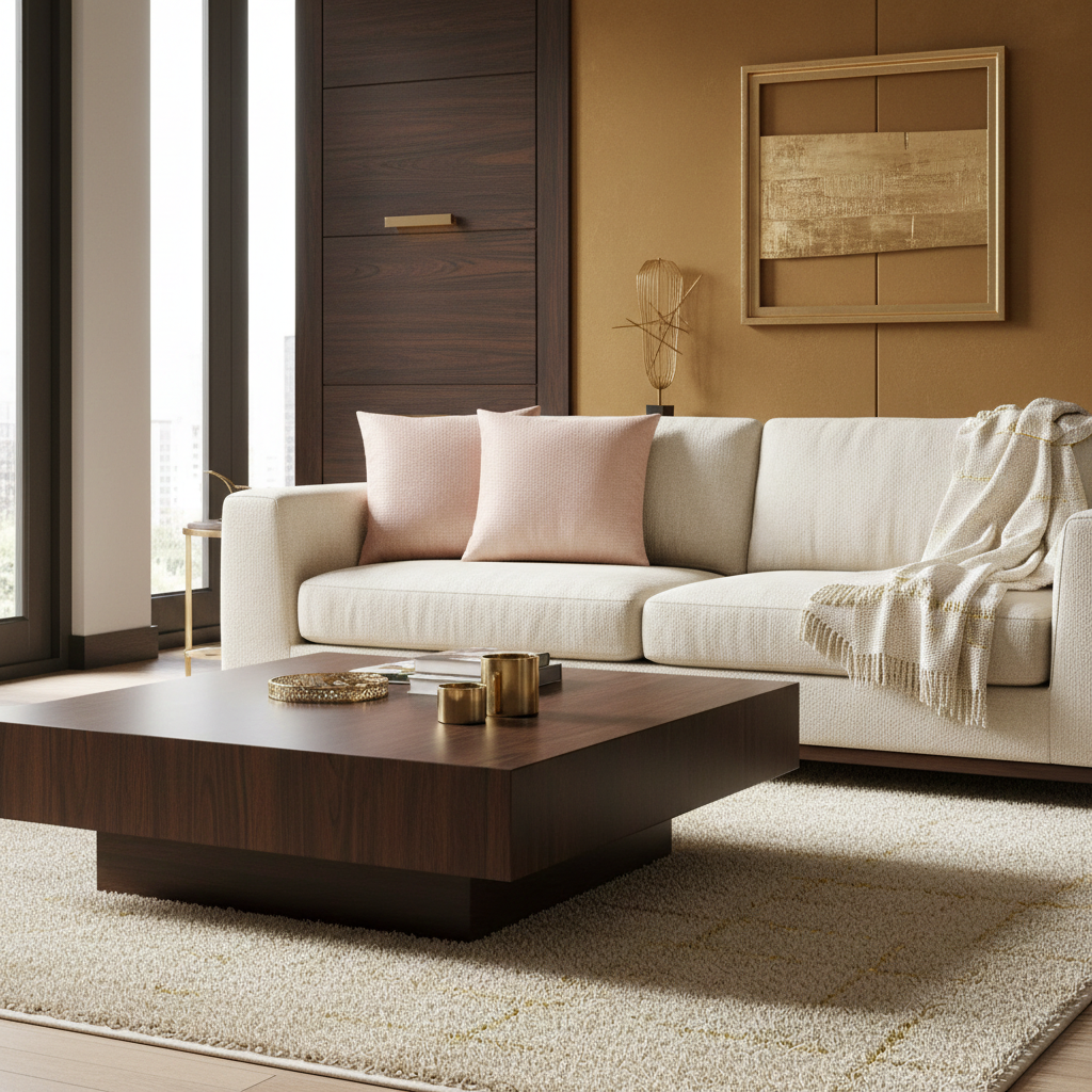 Modern living room with a beige sofa, wooden coffee table, and pink cushions on the wall.