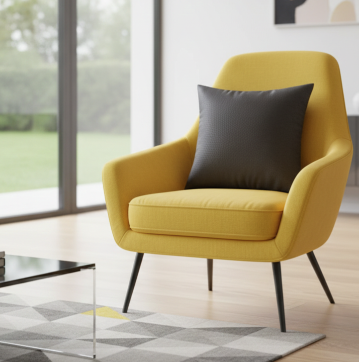 Yellow armchair with a gray cushion in a modern living room.