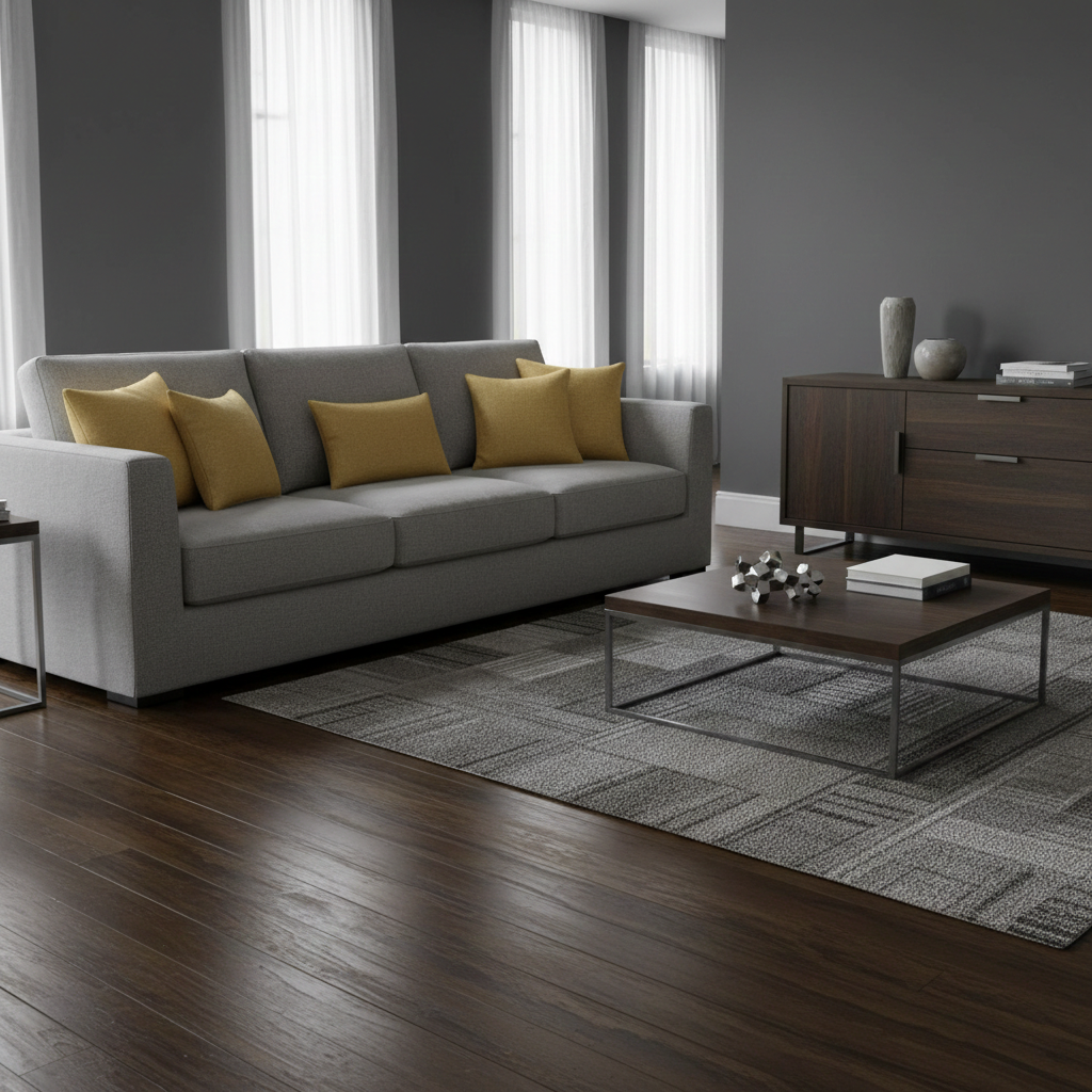 Modern living room with gray sofa, yellow cushions, wooden coffee table, and dark wood cabinet.