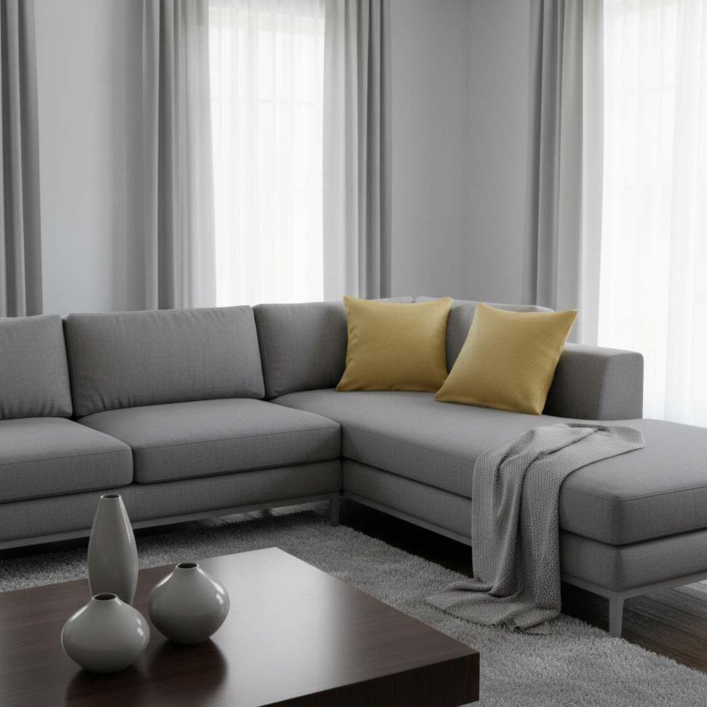 Gray sectional sofa with yellow cushions in a living room setting.