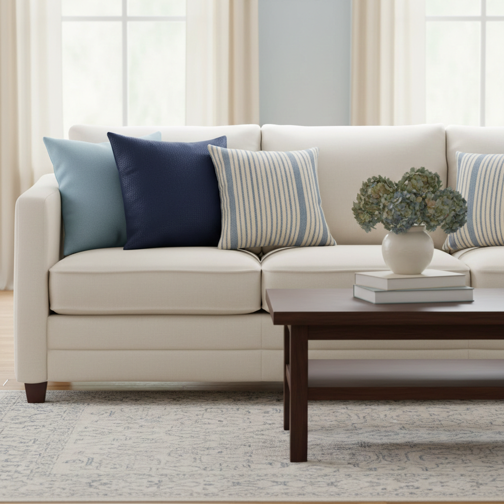 Beige sofa with decorative blue cushions and a wooden coffee table in a living room setting.