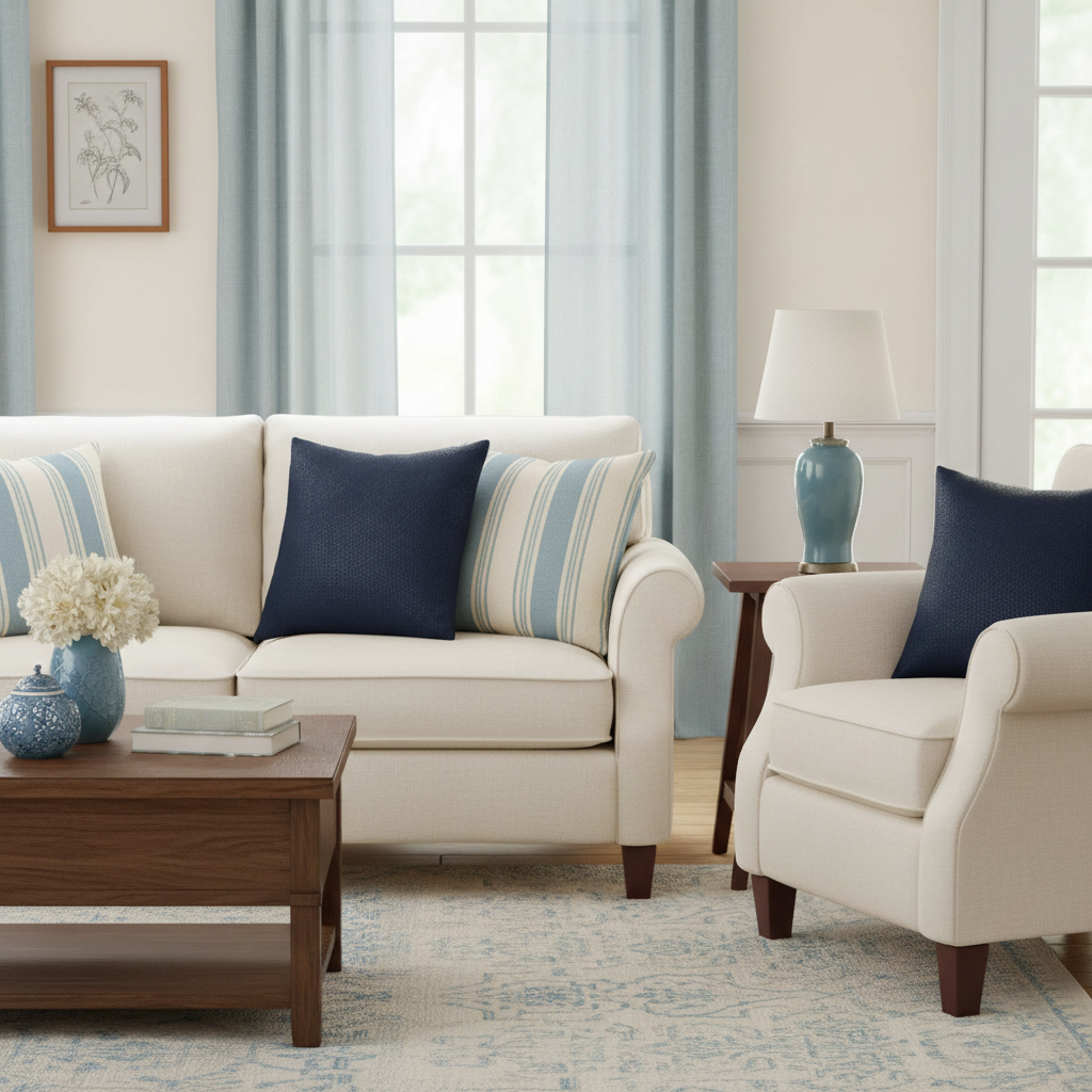 Living room with beige sofa, armchair, and wooden coffee table and navy blue basket weave cushion covers.