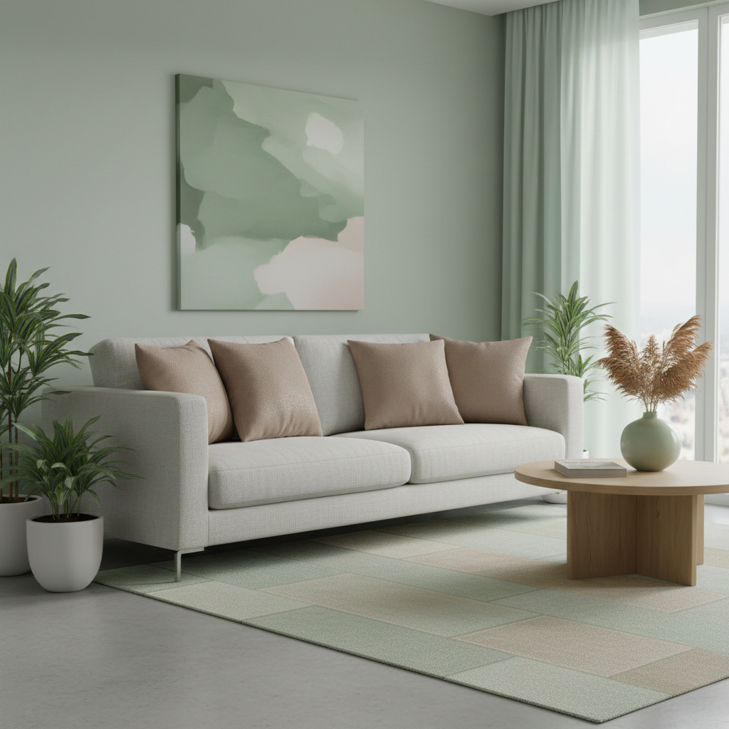 Modern living room with a white sofa, decorative taupe cushions, and a plant-themed painting.