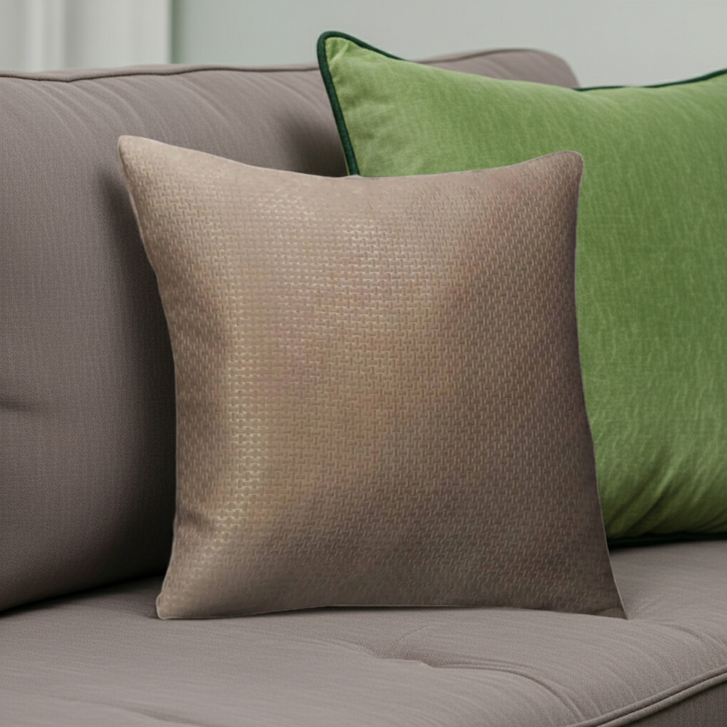 Taupe textured cushion on a gray sofa