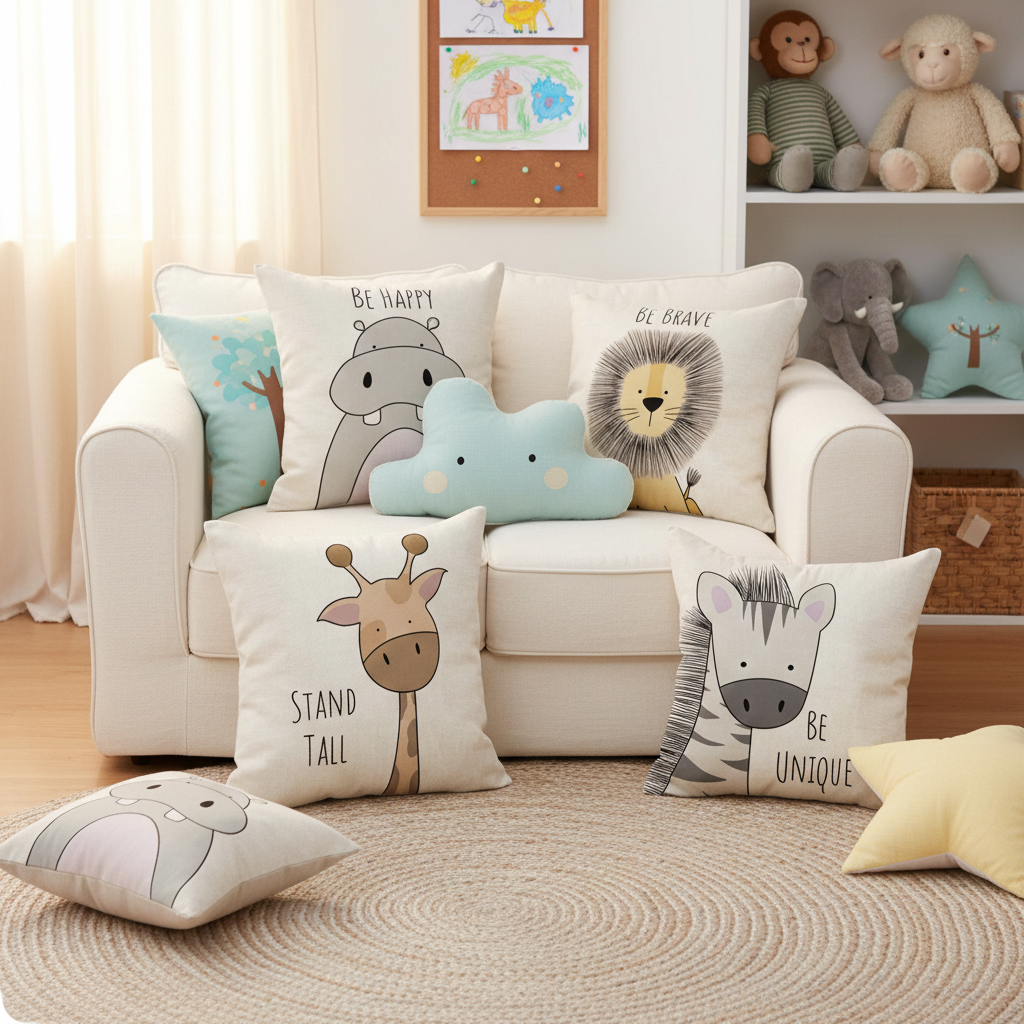 Decorative pillows with animal designs on a beige sofa in a living room setting.