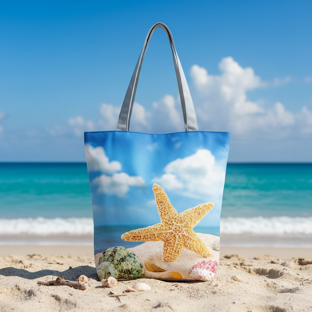 Tote bag with a starfish design on a beach