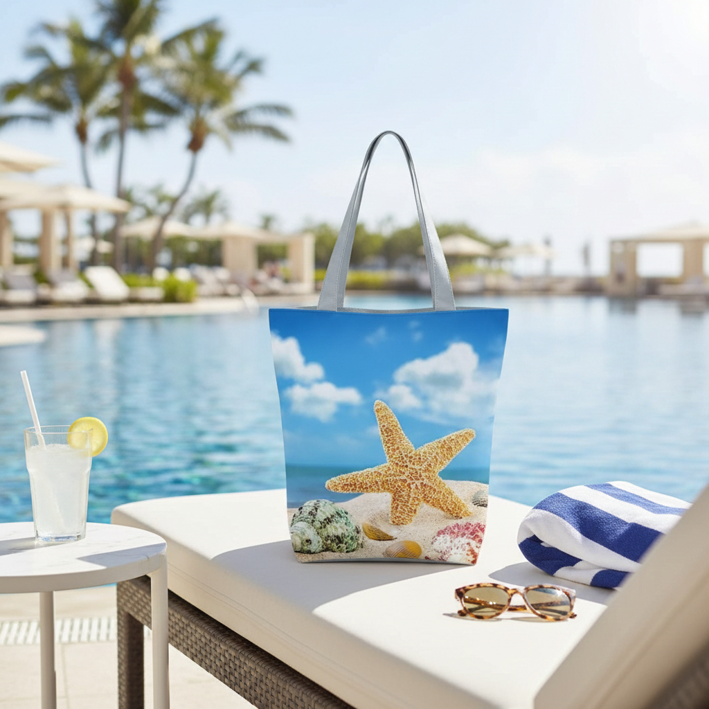 Tote bag with beach design on a lounge chair by a poolside