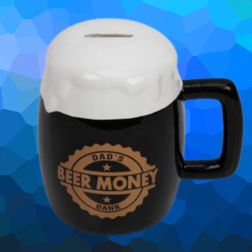 Black mug with white lid labeled 'Dad's Beer Money Bank' on a blue geometric pattern background