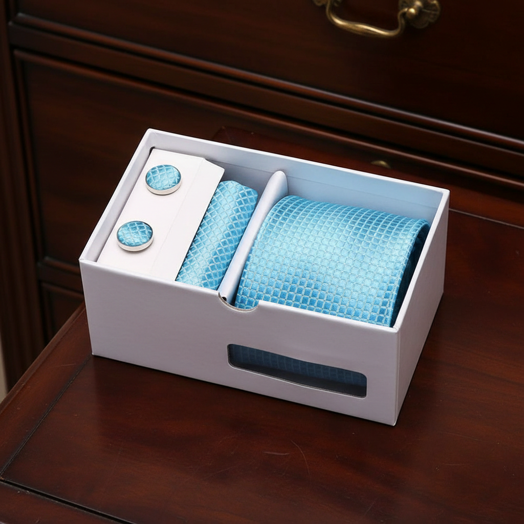 Blue tie, cufflinks, and white shirt collar slide set in a white box on a wooden surface.