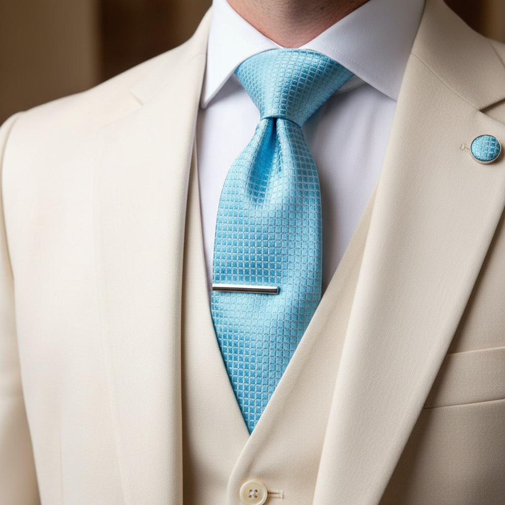 Light blue tie worn with a beige suit jacket and white shirt.