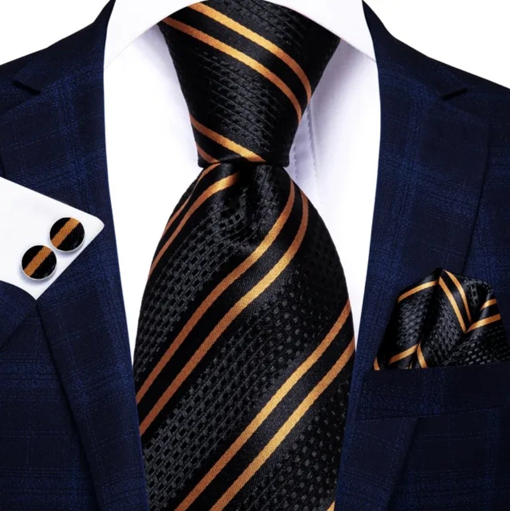 Black and Copper Tie, Handkerchief and Cufflink Set