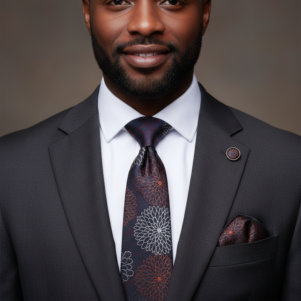 Man wearing a dark suit with a patterned tie and pocket square against a neutral background
