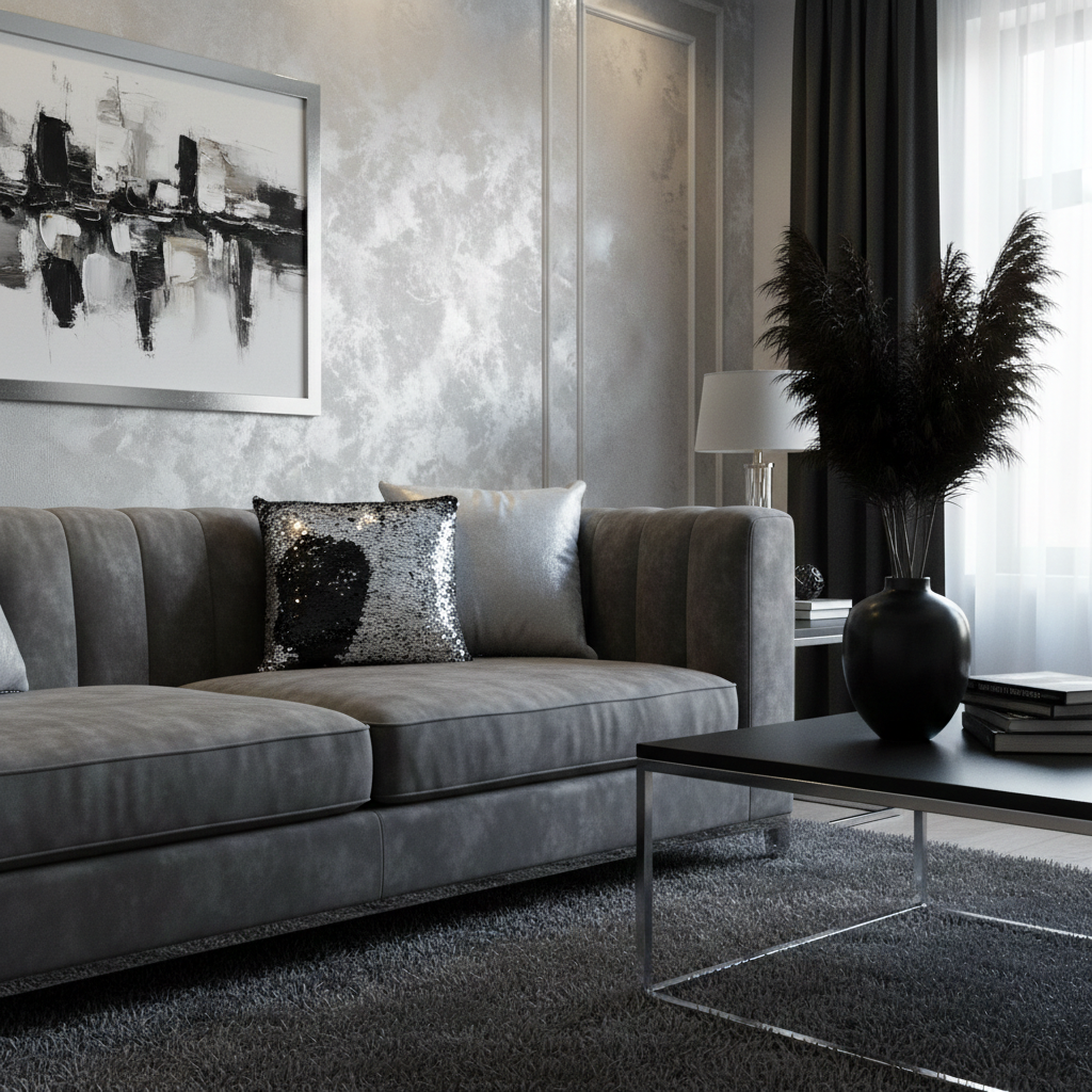 Modern living room with a gray sofa, decorative black and silver sequin cushions, and a coffee table.