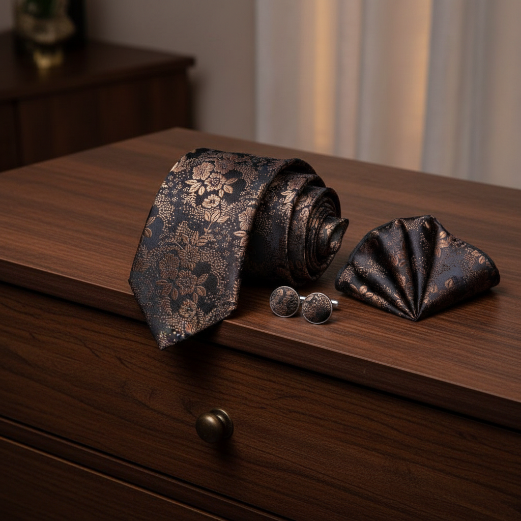 Black and copper floral tie, cufflinks, and pocket square set on a wooden surface