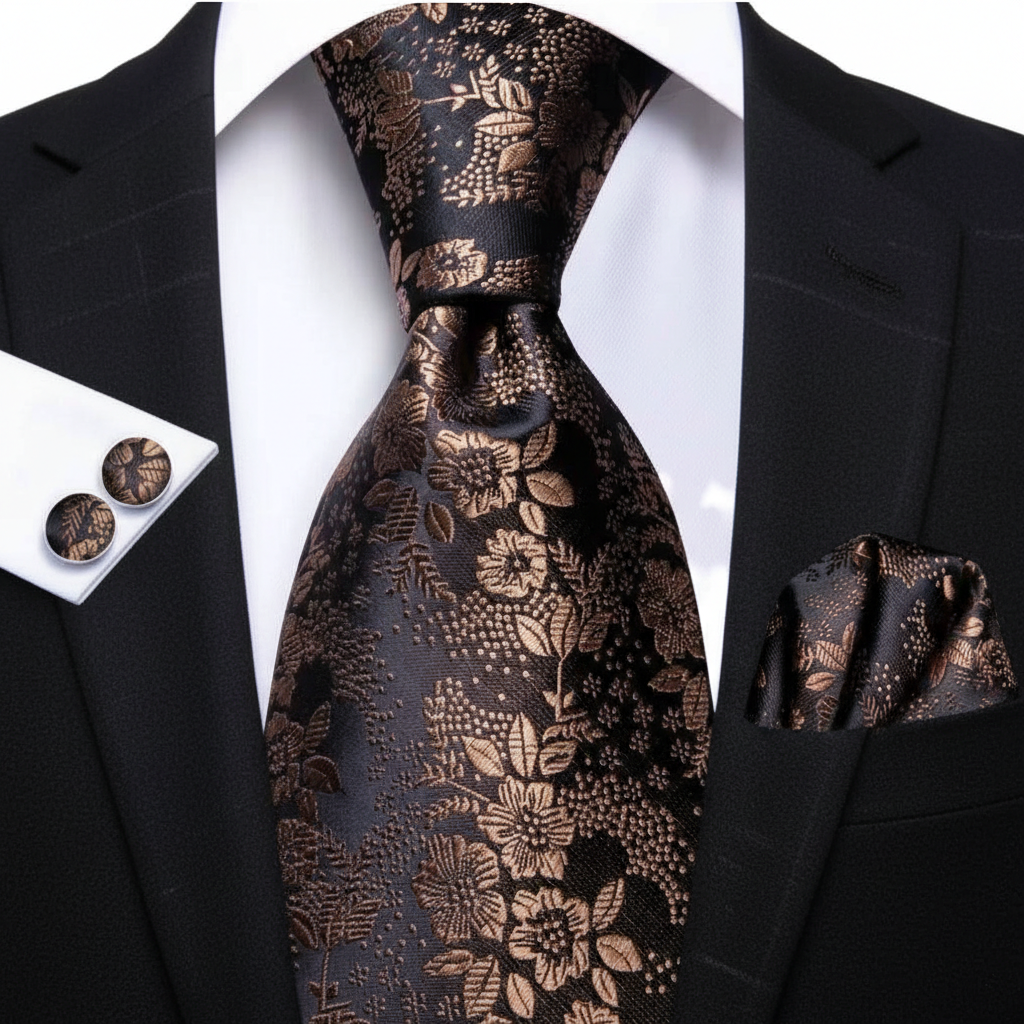 Black suit with a copper floral tie, pocket square, and cufflinks on a white background