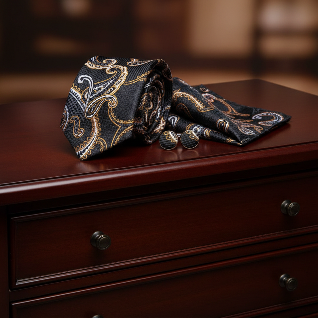 Roll of black paisley tie with gold patterns on a wooden surface