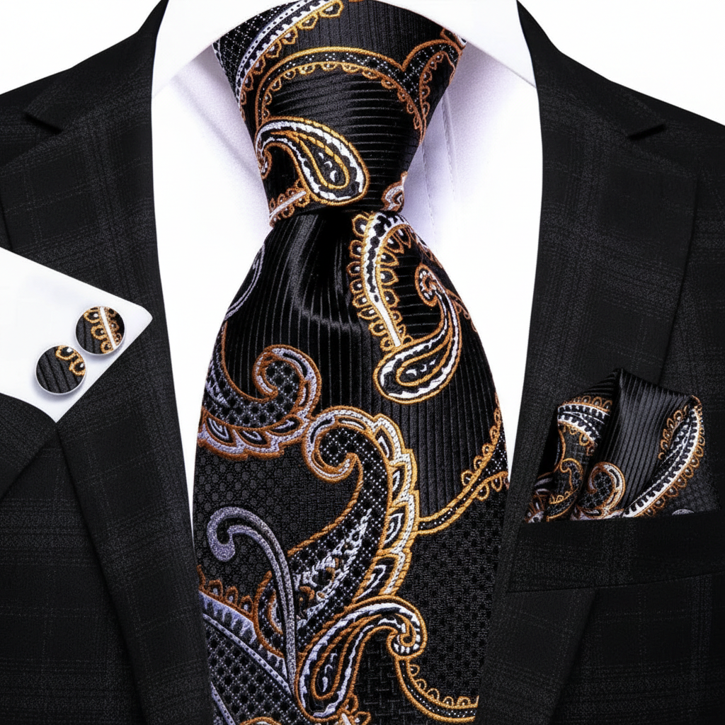 Black paisley tie with gold accents worn with a suit, shirt, and pocket square.