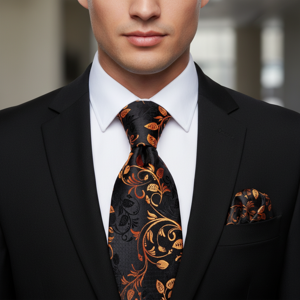 Man wearing a black suit with a black and orange patterned tie and pocket square.
