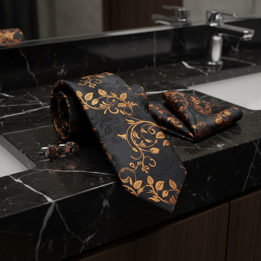 Black tie with orange patterns, pocket square, and cufflinks on a marble countertop.