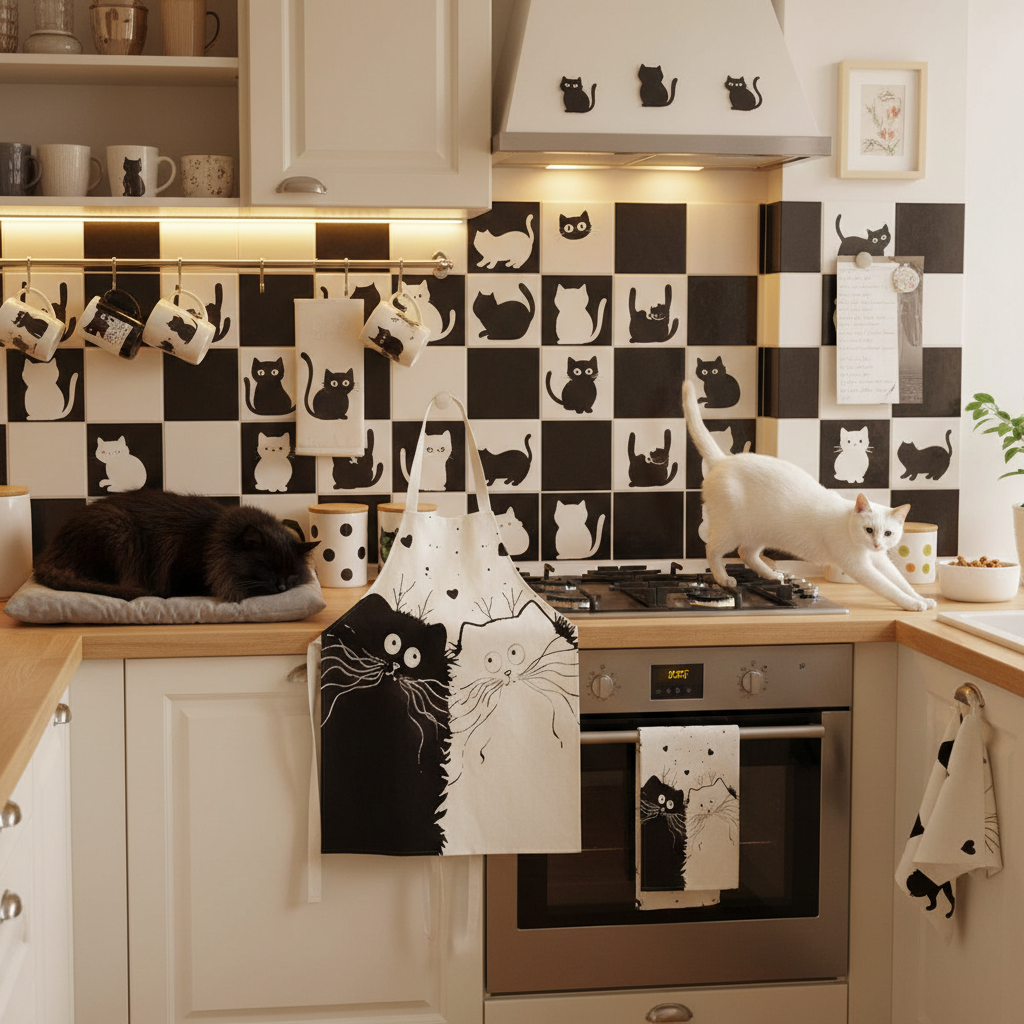Kitchen with black and white cat-themed decor, including apron and wall art.