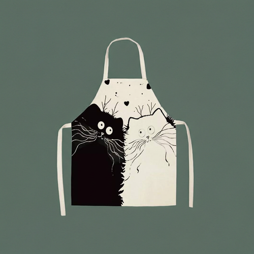 Apron with black and white cat design on a dark green background