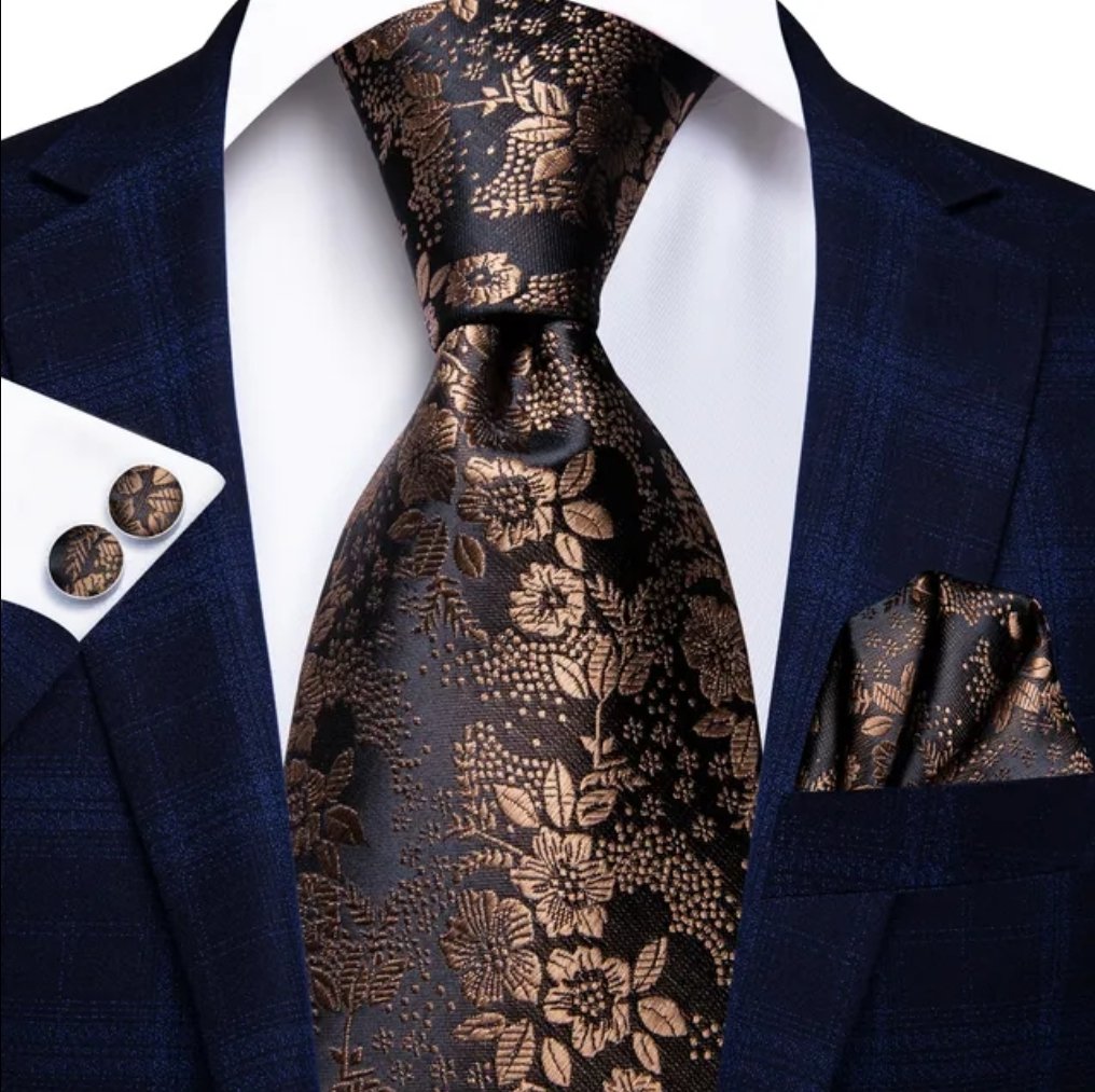 Black and Copper Floral Tie, Handkerchief and Cufflink Set