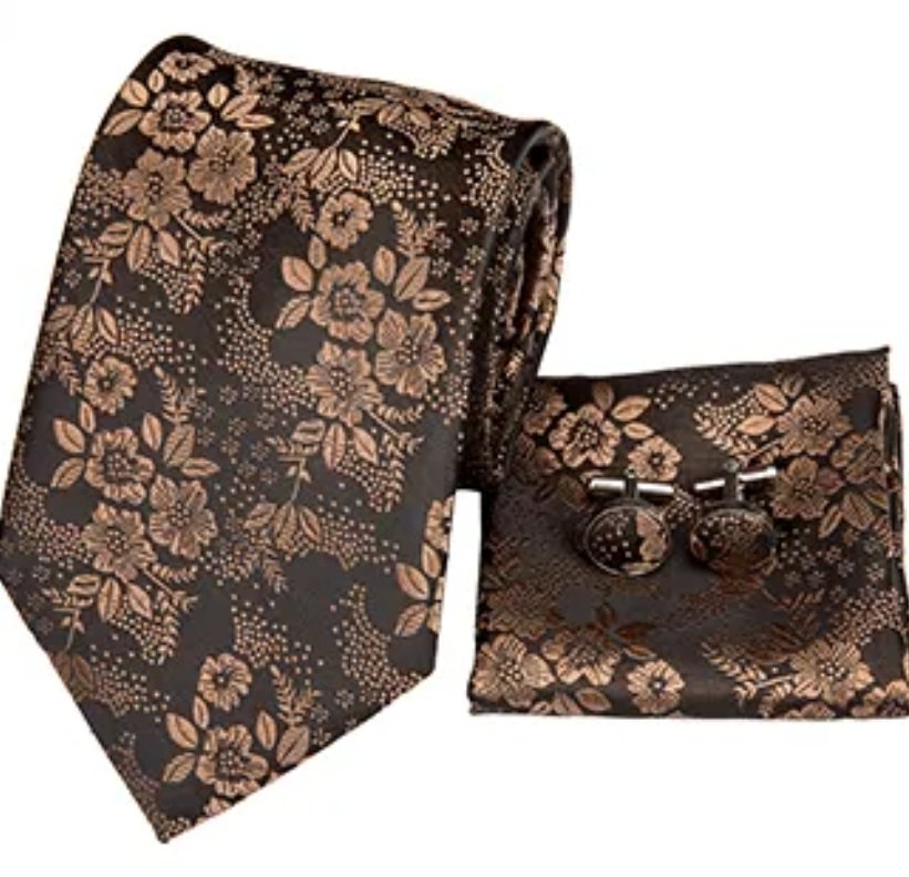 Black and Copper Floral Tie, Handkerchief and Cufflink Set