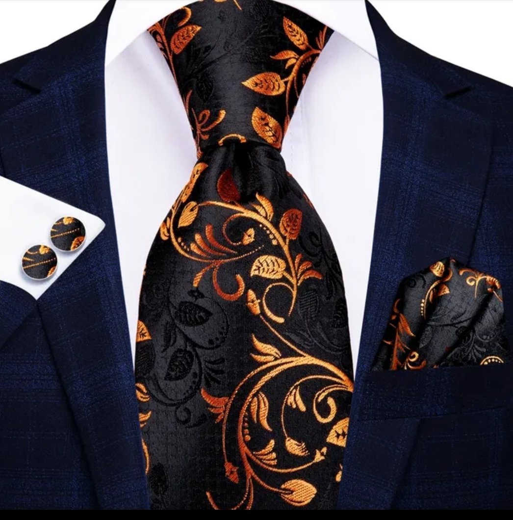 Black and Orange Tie, Handkerchief and Cufflink Set