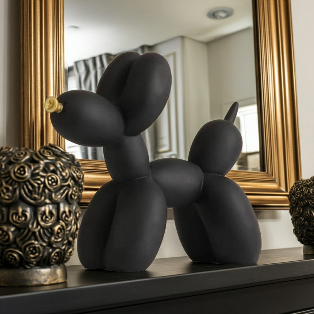 Black balloon dog sculpture on a surface with a mirror and decorative items in the background